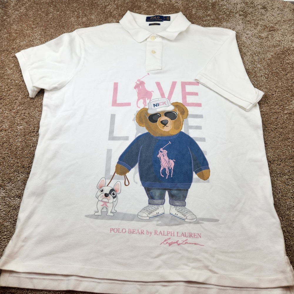 Polo by Ralph Lauren White Polo Shirt with Pink & Blue Bear Graphic